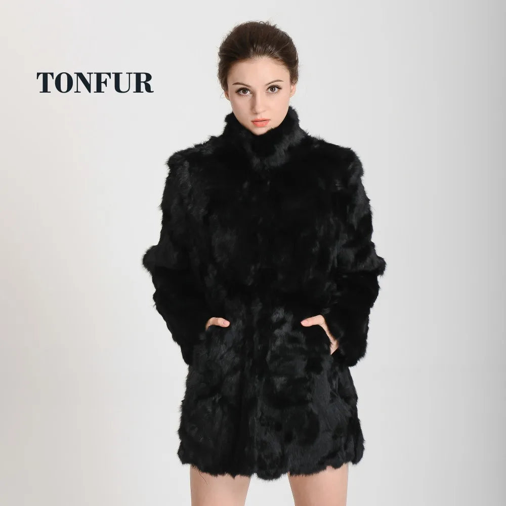 New Women Fashion Real Rabbit Fur Coat Mandarin Collar Natural Fur Jacket Long Customize Female Dropshipping Overcoat  HP147