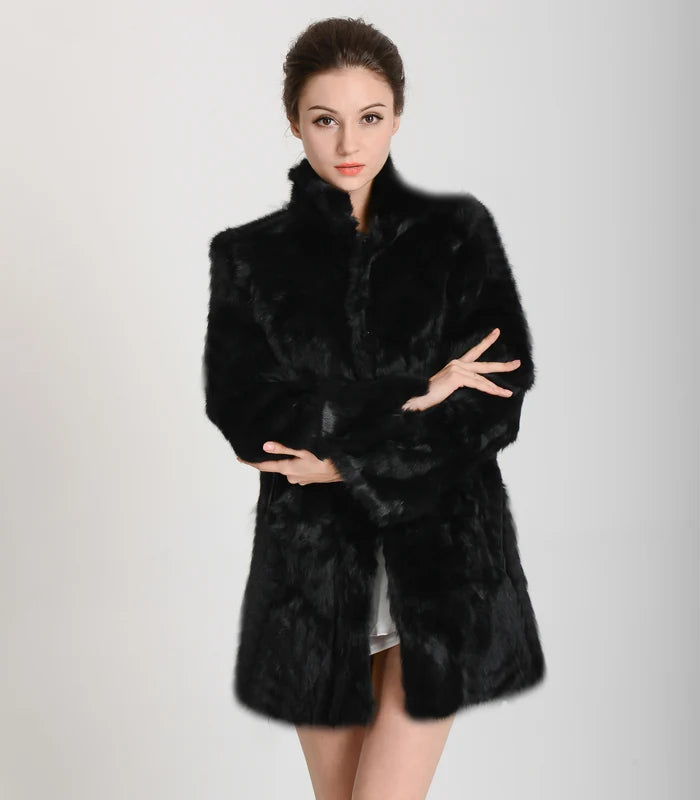 TONFUR Women's Real Rabbit Fur Coat Mandarin Collar Long Winter Jacket