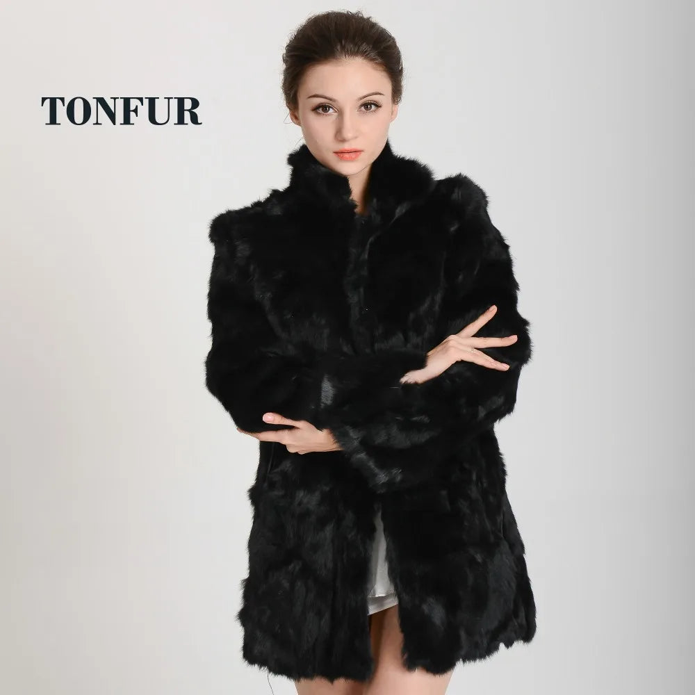New Women Fashion Real Rabbit Fur Coat Mandarin Collar Natural Fur Jacket Long Customize Female Dropshipping Overcoat  HP147