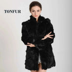 New Women Fashion Real Rabbit Fur Coat Mandarin Collar Natural Fur Jacket Long Customize Female Dropshipping Overcoat  HP147