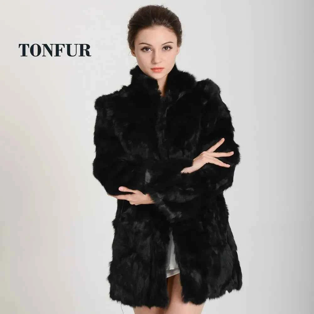 New Women Fashion Real Rabbit Fur Coat Mandarin Collar Natural Fur Jacket Long Customize Female Dropshipping Overcoat  HP147