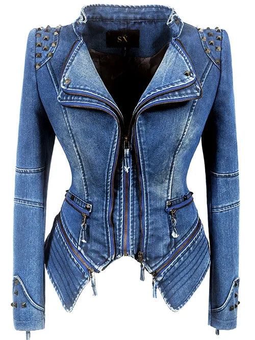 SX women 2019 spring autumn denim rivet punk Short Slim fit jacket motorcycle Windbreaker zipper outerwear SS69 72.69 Blue / XS / CHINA