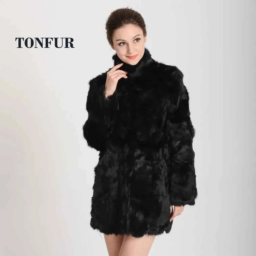 New Women Fashion Real Rabbit Fur Coat Mandarin Collar Natural Fur Jacket Long Customize Female Dropshipping Overcoat  HP147