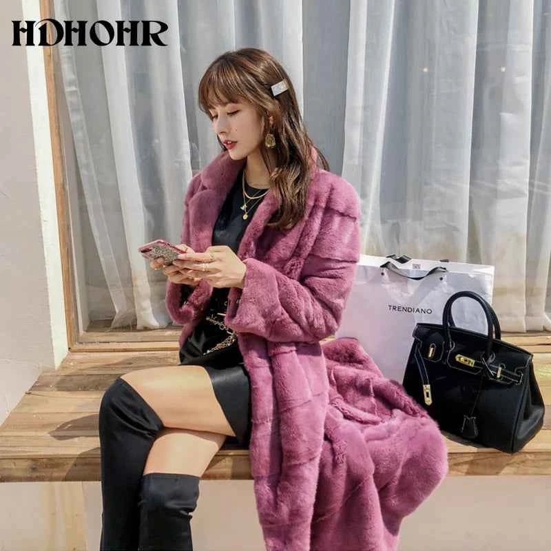 HDHOHR 2025 Real Whole Mink Fur X-Long Coat Factory Direct Sale Winter Slim Warm Female Mink Fur Long Turn-down Collar Jacket