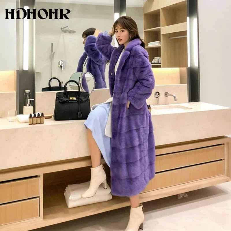 HDHOHR 2025 Real Whole Mink Fur X-Long Coat Factory Direct Sale Winter Slim Warm Female Mink Fur Long Turn-down Collar Jacket