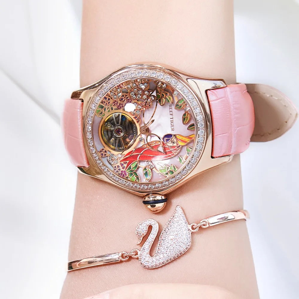 Reef Tiger/RT Womens Luxury Fashion Watches Diamond Automatic Tourbillon Watch Leather Strap Watch Relogio Feminino RGA7105 SS69