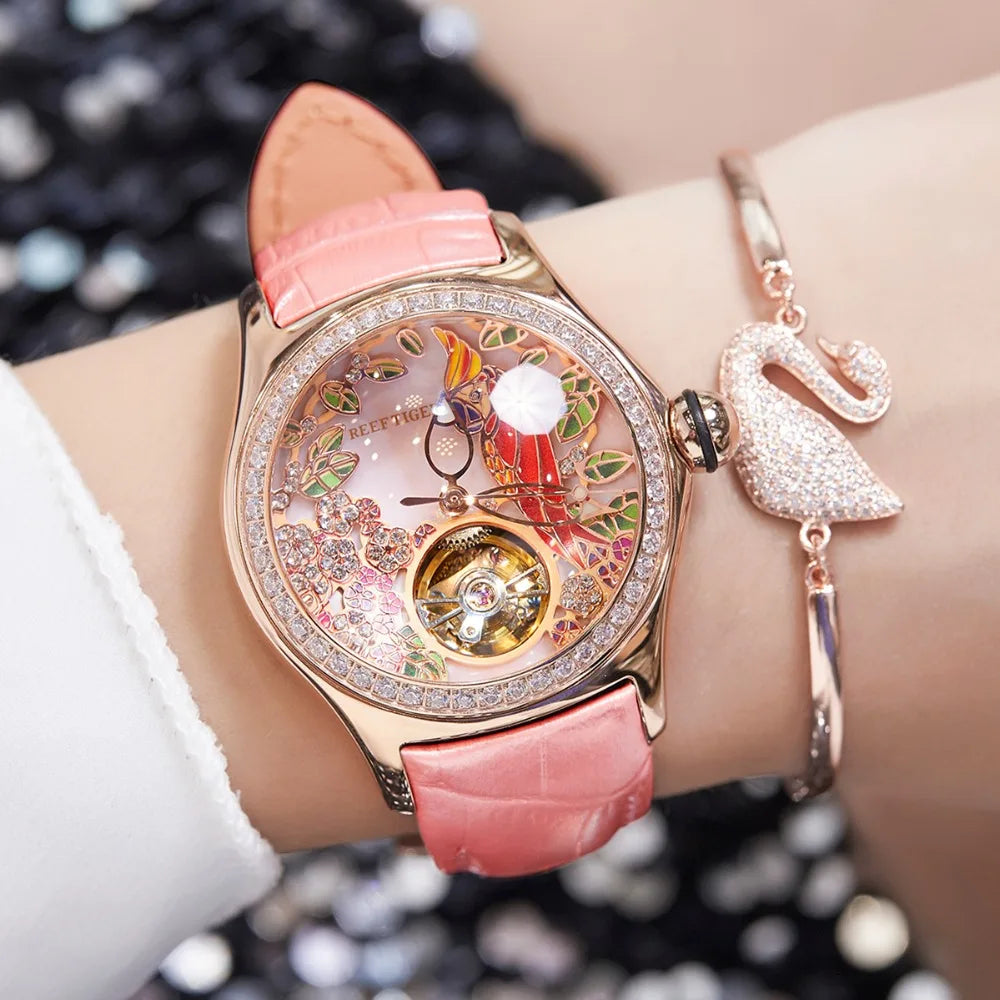Reef Tiger/RT Womens Luxury Fashion Watches Diamond Automatic Tourbillon Watch Leather Strap Watch Relogio Feminino RGA7105 SS69