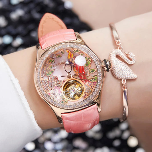 Reef Tiger/RT Womens Luxury Fashion Watches Diamond Automatic Tourbillon Watch Leather Strap Watch Relogio Feminino RGA7105 SS69