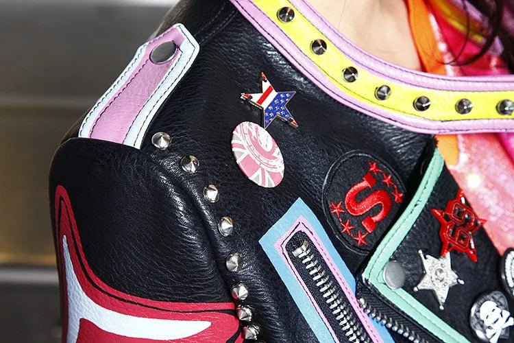 6XL Fashion Autumn Women Punk Heavy Metal Street Short Leather Jacket Black Zipper Rivet Long Sleeve Motorcycle coat W1525 SS69