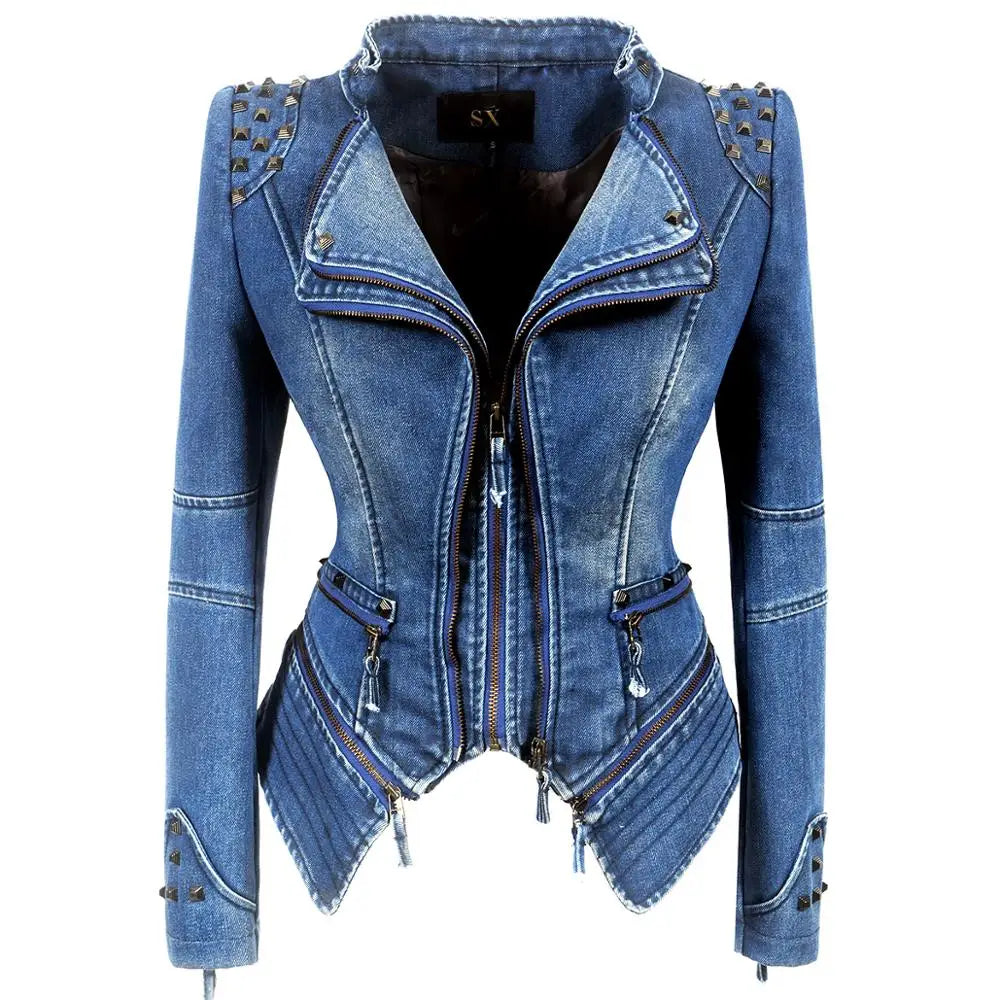 SX women 2019 spring autumn denim rivet punk Short Slim fit jacket motorcycle Windbreaker zipper outerwear SS69