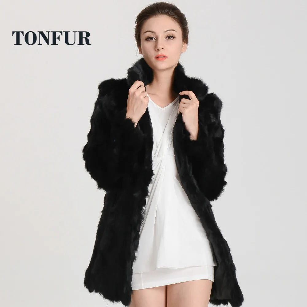 New Women Fashion Real Rabbit Fur Coat Mandarin Collar Natural Fur Jacket Long Customize Female Dropshipping Overcoat  HP147