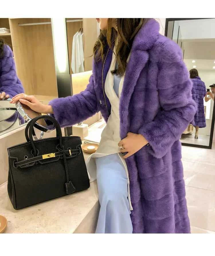 HDHOHR 2025 Real Whole Mink Fur X-Long Coat Factory Direct Sale Winter Slim Warm Female Mink Fur Long Turn-down Collar Jacket