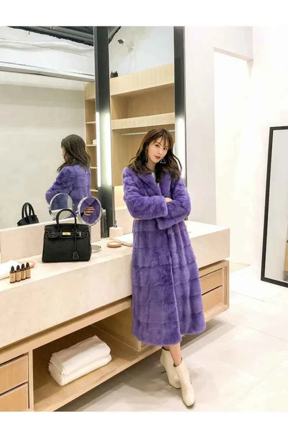 HDHOHR 2025 Real Whole Mink Fur X-Long Coat Factory Direct Sale Winter Slim Warm Female Mink Fur Long Turn-down Collar Jacket