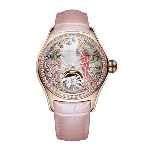 Reef Tiger/RT Womens Luxury Fashion Watches Diamond Automatic Tourbillon Watch Leather Strap Watch Relogio Feminino RGA7105 SS69 220.69 RGA17105-PSP