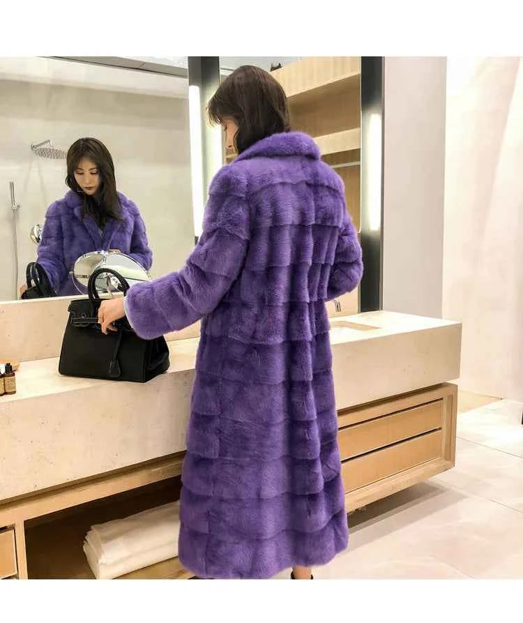 HDHOHR 2025 Real Whole Mink Fur X-Long Coat Factory Direct Sale Winter Slim Warm Female Mink Fur Long Turn-down Collar Jacket