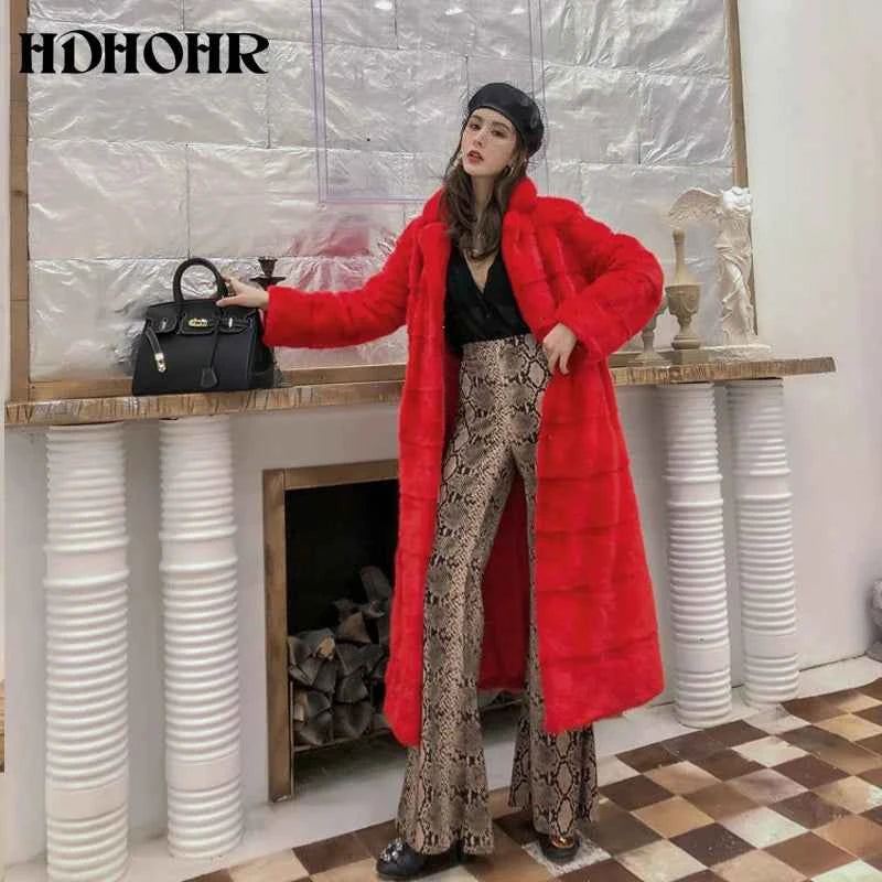 HDHOHR 2025 Real Whole Mink Fur X-Long Coat Factory Direct Sale Winter Slim Warm Female Mink Fur Long Turn-down Collar Jacket