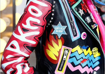 6XL Fashion Autumn Women Punk Heavy Metal Street Short Leather Jacket Black Zipper Rivet Long Sleeve Motorcycle coat W1525 SS69