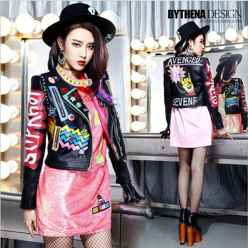 6XL Fashion Autumn Women Punk Heavy Metal Street Short Leather Jacket Black Zipper Rivet Long Sleeve Motorcycle coat W1525 SS69