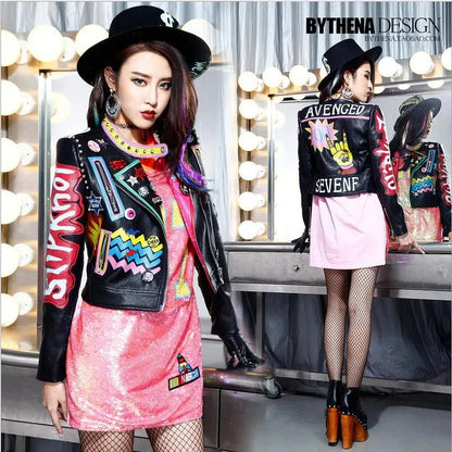 6XL Fashion Autumn Women Punk Heavy Metal Street Short Leather Jacket Black Zipper Rivet Long Sleeve Motorcycle coat W1525 SS69