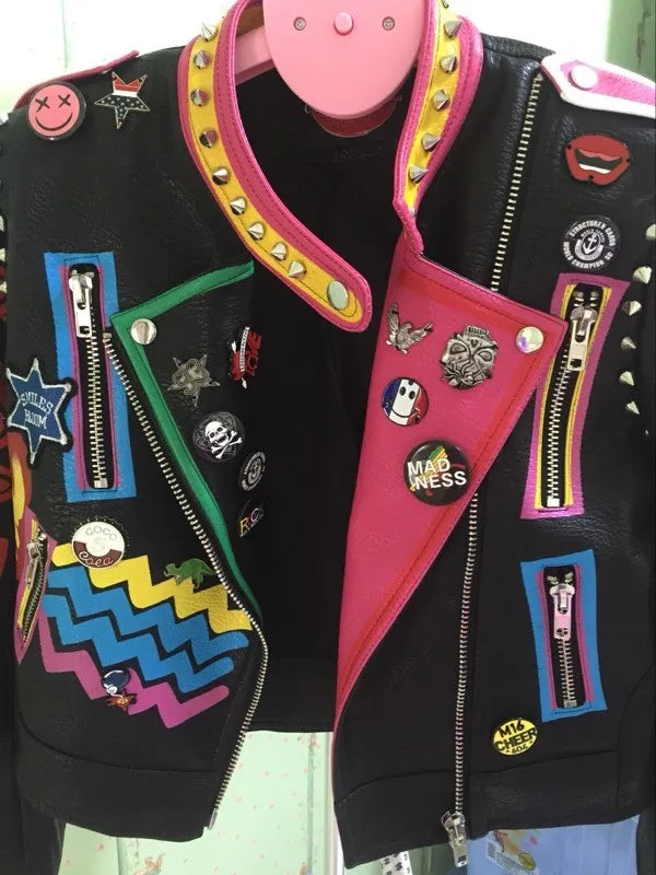 6XL Fashion Autumn Women Punk Heavy Metal Street Short Leather Jacket Black Zipper Rivet Long Sleeve Motorcycle coat W1525 SS69