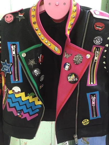 6XL Fashion Autumn Women Punk Heavy Metal Street Short Leather Jacket Black Zipper Rivet Long Sleeve Motorcycle coat W1525 SS69