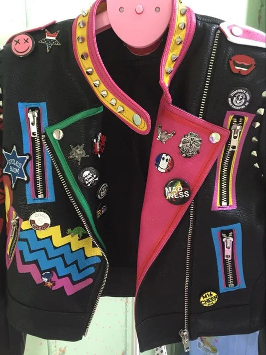 6XL Fashion Autumn Women Punk Heavy Metal Street Short Leather Jacket Black Zipper Rivet Long Sleeve Motorcycle coat W1525 SS69