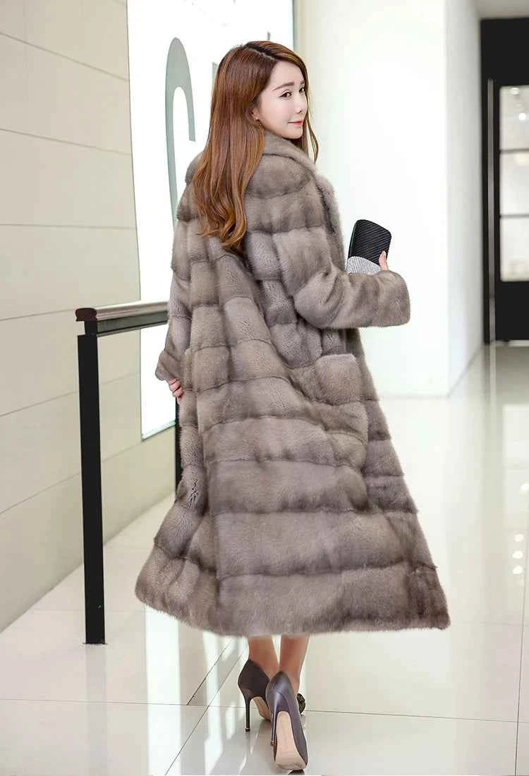 HDHOHR 2025 Real Whole Mink Fur X-Long Coat Factory Direct Sale Winter Slim Warm Female Mink Fur Long Turn-down Collar Jacket