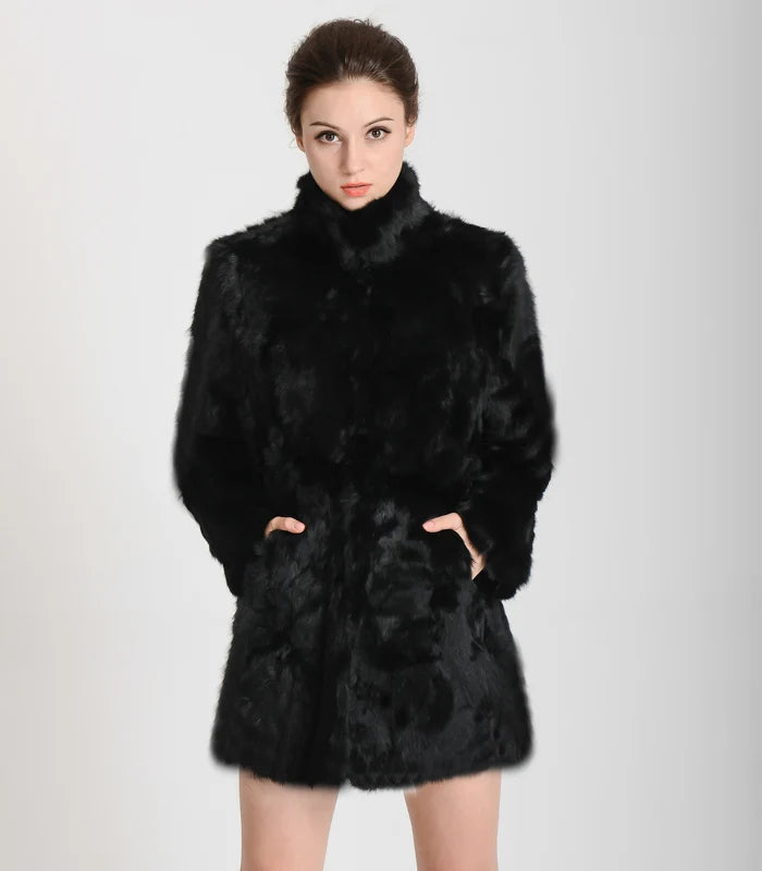 TONFUR Women's Real Rabbit Fur Coat Mandarin Collar Long Winter Jacket