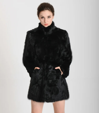 New Women Fashion Real Rabbit Fur Coat Mandarin Collar Natural Fur Jacket Long Customize Female Dropshipping Overcoat  HP147