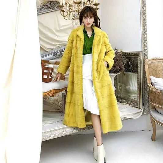 HDHOHR 2025 Real Whole Mink Fur X-Long Coat Factory Direct Sale Winter Slim Warm Female Mink Fur Long Turn-down Collar Jacket