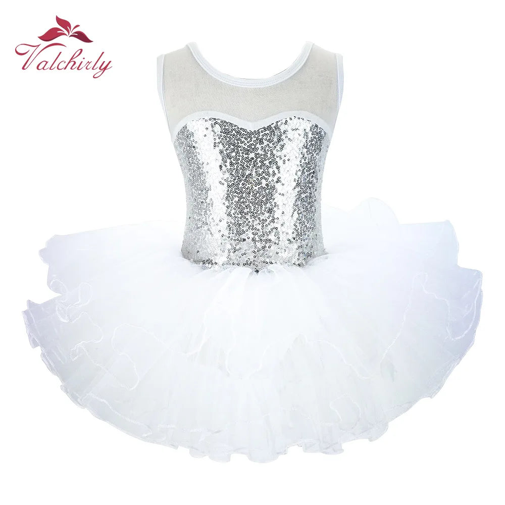 Valchirly Girls Sequined Ballet Tutu Dress with 4-Layer Tulle Skirt