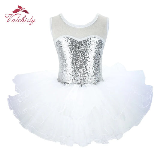 Valchirly Girls Sequined Ballet Tutu Dress with 4-Layer Tulle Skirt