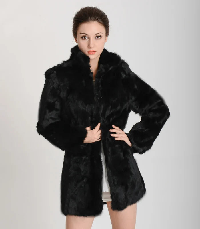 TONFUR Women's Real Rabbit Fur Coat Mandarin Collar Long Winter Jacket