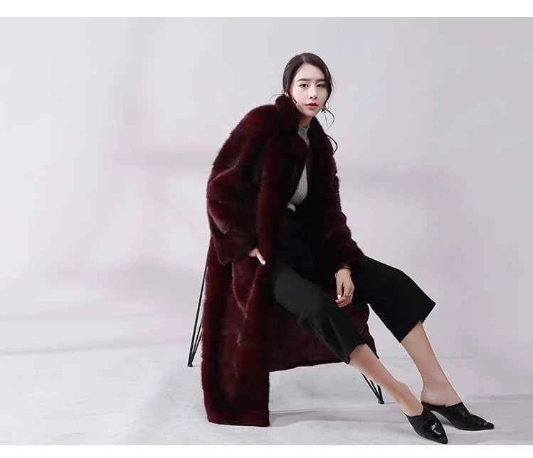 HDHOHR 2025 Real Whole Mink Fur X-Long Coat Factory Direct Sale Winter Slim Warm Female Mink Fur Long Turn-down Collar Jacket