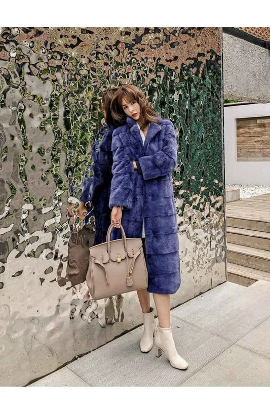 HDHOHR 2025 Real Whole Mink Fur X-Long Coat Factory Direct Sale Winter Slim Warm Female Mink Fur Long Turn-down Collar Jacket