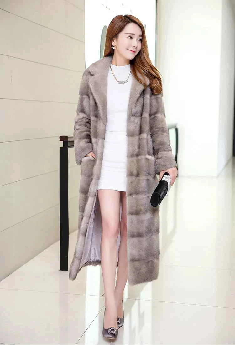 HDHOHR 2025 Real Whole Mink Fur X-Long Coat Factory Direct Sale Winter Slim Warm Female Mink Fur Long Turn-down Collar Jacket