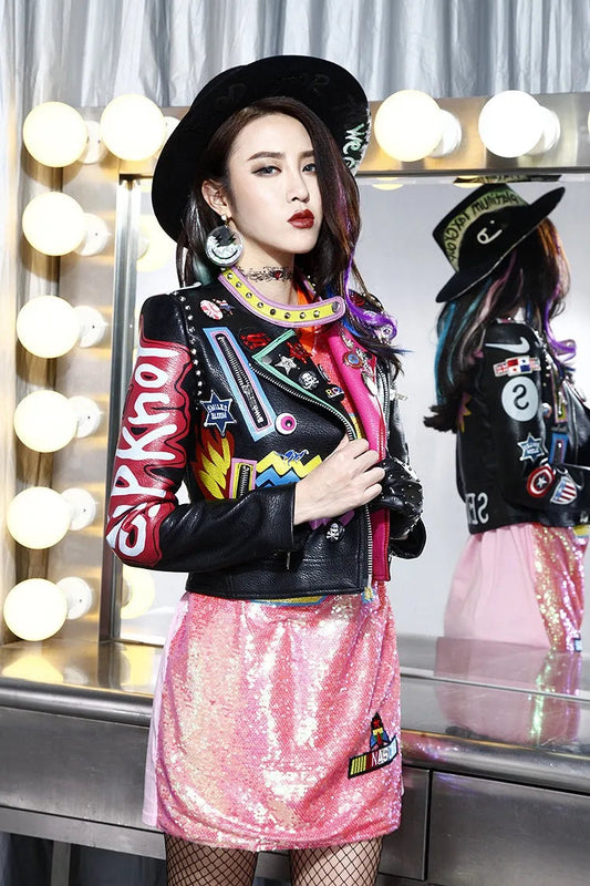 6XL Fashion Autumn Women Punk Heavy Metal Street Short Leather Jacket Black Zipper Rivet Long Sleeve Motorcycle coat W1525 SS69