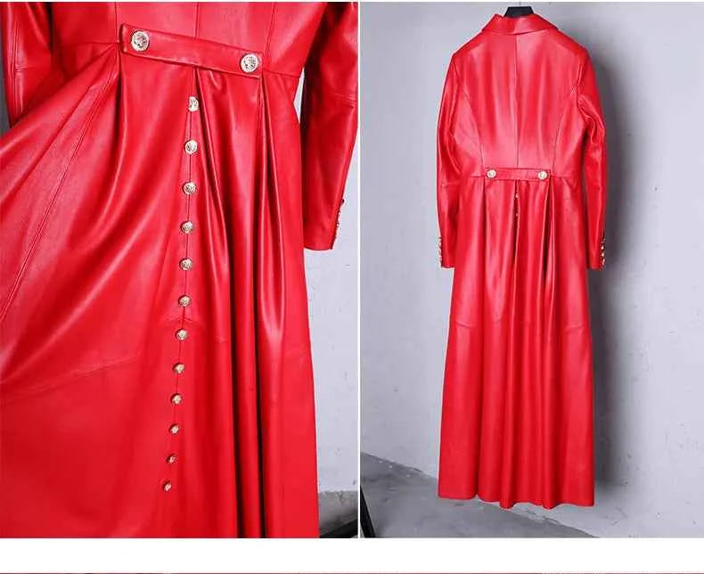 Lautaro Autumn Long Skirted Red Black Faux Leather Trench Coat for Women Double Breasted Elegant Luxury Fashion 4xl 5xl 6xl 7xl