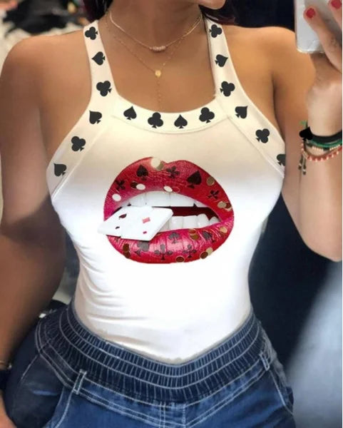 Summer Ladies Harajuku Shirts Slim Fit Polyester Sleeveless Top Tshirts Tank Tops Women U Neck Letter Print Lips Vest SS69 5.69 D6H284BS / M