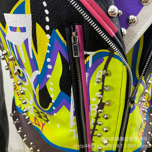 4XL fashion graffiti beading Women pu Leather Jacket Punk Style Motorcyle embrodiery leather Jackets Coats Streetwear F803 SS69