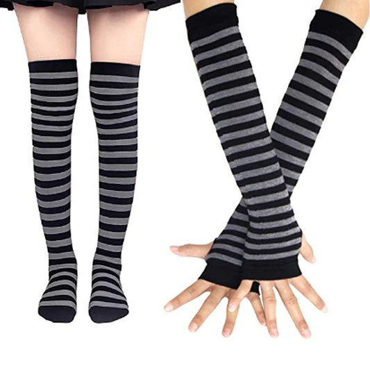 YJSFG HOUSE Women Gothic Striped Over Knee Socks and Arm Warmer Set