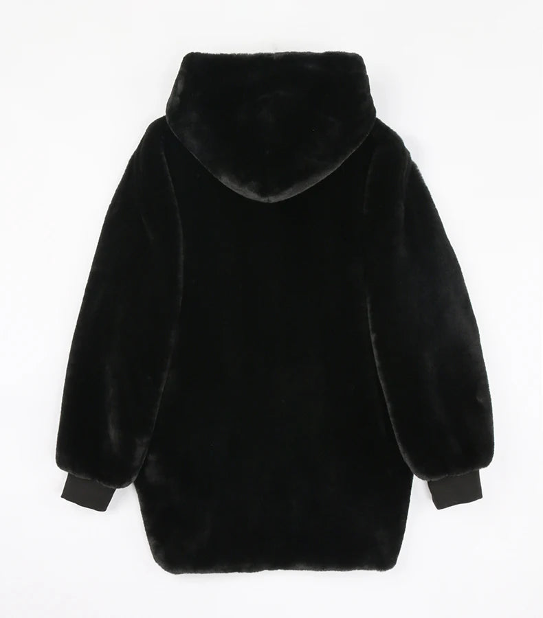 Nerazzurri Winter White Oversized Faux Fur Jacket Women with Hood Raglan Sleeve Zipper Korean Fashion Clothing for Womens 2021