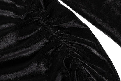 2022 Autumn Winter Women Solid Velvet Long Sleeve Ruched Midi Dress Side Slit Bodycon Sexy Streetwear Party Elegant Club SS69