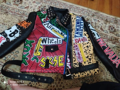 Autumn spring Locomotive graffiti cartoon pu Leather Jacket female Punk Style was thin Motorcyle Jackets Coat with belt F1962 SS69