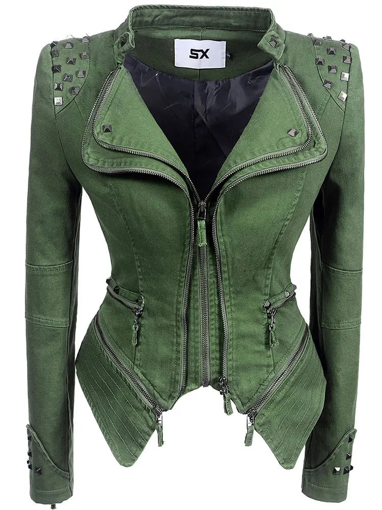 SX women 2019 spring autumn denim rivet punk Short Slim fit jacket motorcycle Windbreaker zipper outerwear SS69