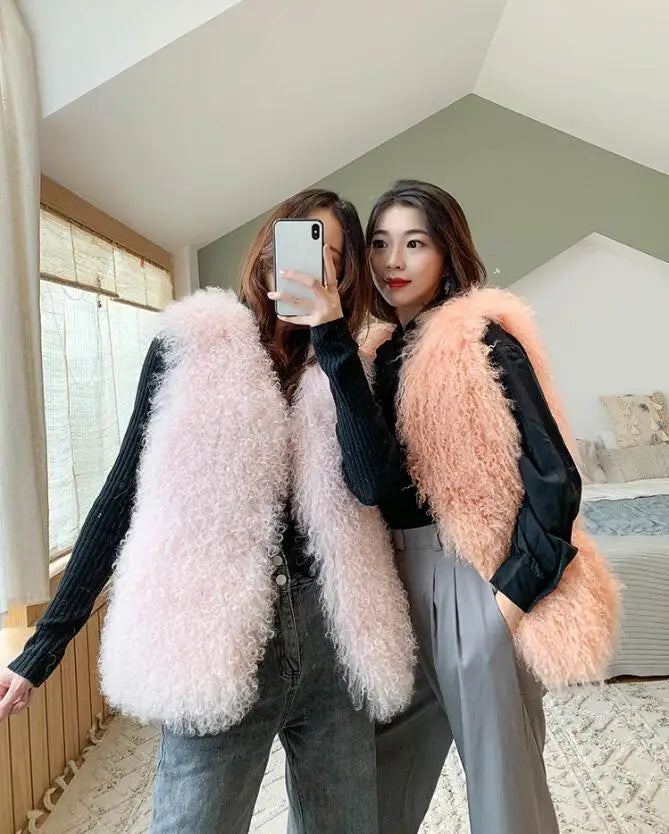 Real Mongolia Sheep Fur Vest - Natural Long Fur Gilet
