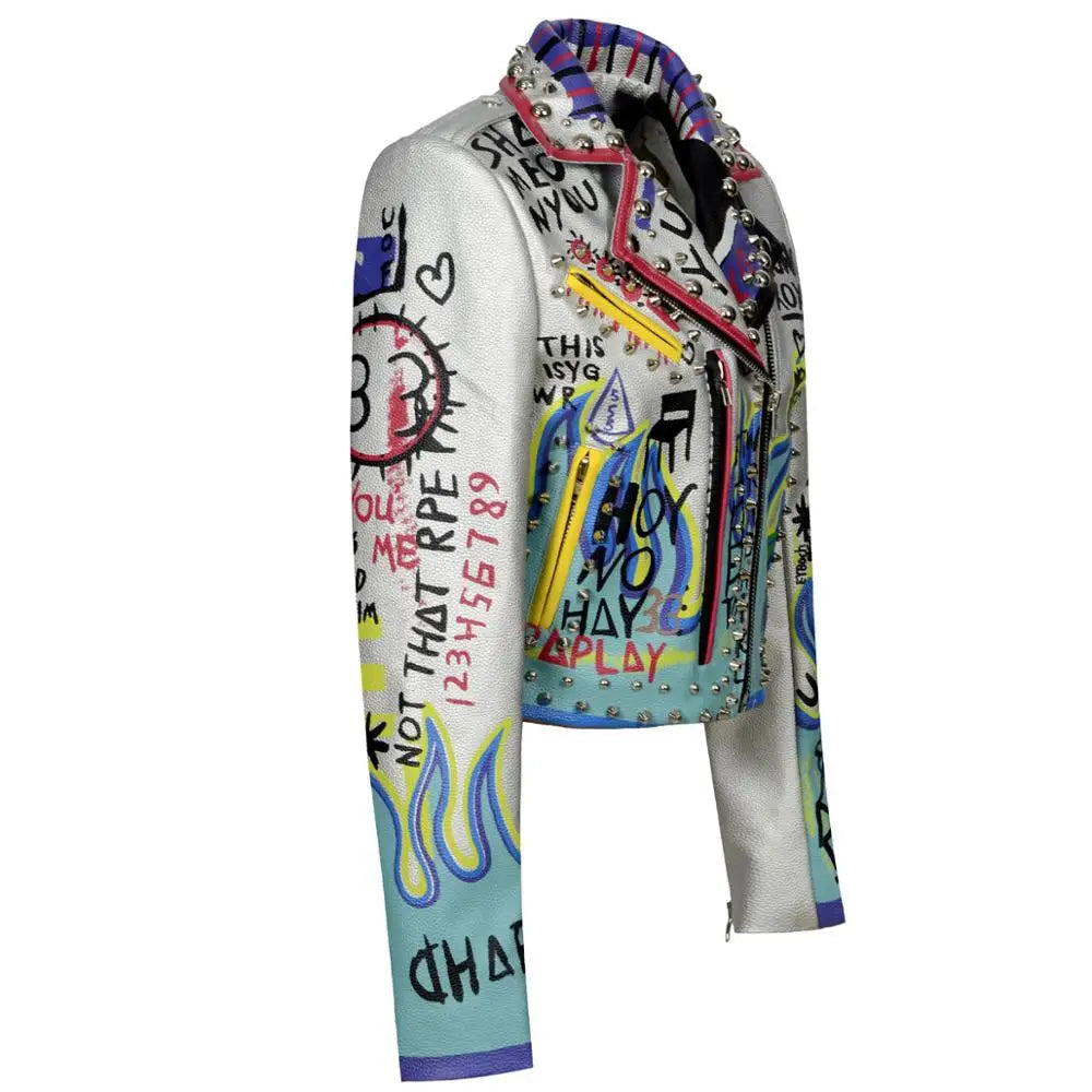 4XL fashion graffiti beading Women pu Leather Jacket Punk Style Motorcyle embrodiery leather Jackets Coats Streetwear F803 SS69