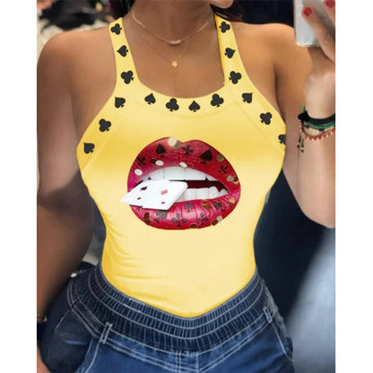 Summer Ladies Harajuku Shirts Slim Fit Polyester Sleeveless Top Tshirts Tank Tops Women U Neck Letter Print Lips Vest SS69