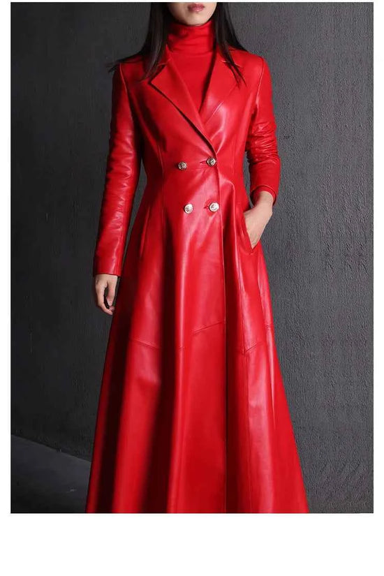 Lautaro Autumn Long Skirted Red Black Faux Leather Trench Coat for Women Double Breasted Elegant Luxury Fashion 4xl 5xl 6xl 7xl
