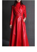 Lautaro Autumn Long Skirted Red Black Faux Leather Trench Coat for Women Double Breasted Elegant Luxury Fashion 4xl 5xl 6xl 7xl